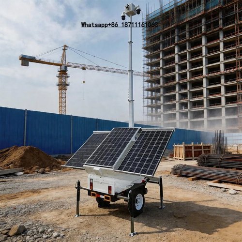 Rimorchio di monitoraggio solare off-grid certificato CE con palo telescopico manuale per cantiere e box PTZ