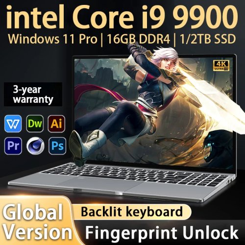Laptop Baru 2026 15,6 Inci Windows 11 Intel Core i9 9900 RAM 16GB SSD 1TB/2TB Fingerprint Unlock untuk Belajar, Kantor & Gaming