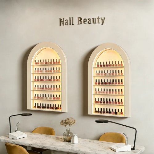 Modern Wall Mounted Nail Polish Display Shelf with LED Light, Arched Hanging Tiered Nail Salon Display Cabinet