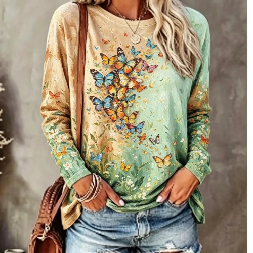 Women's Long Sleeve T-Shirt Gradient Tie-Dye Jellyfish Ocean Art Aesthetic Print Crew Neck Casual Fall Top