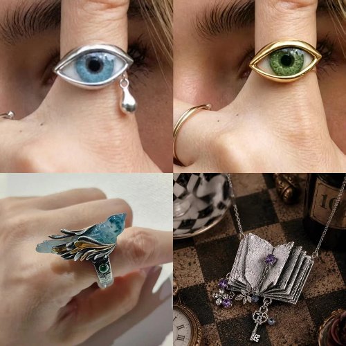 Anelli Occhio Grande con Lacrime, Collana Libro Magico & Anello Uccello di Corte - Accessori Costume Medievale, Oggetti di Scena per Festa di Halloween e Regali di Natale