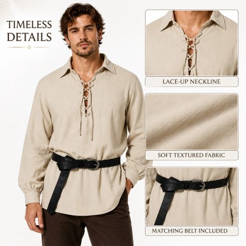 Camisa para hombre vintage medieval con cordones, cuello, manga larga y cinturón – Top pirata renacentista para Halloween LARP