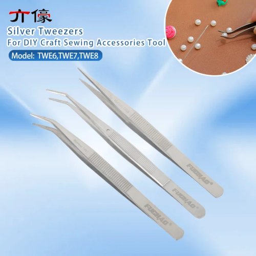 Pinzas de acero inoxidable curvas con punta dentada para manualidades y costura DIY