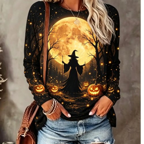 レディース ハロウィン 長袖Tシャツ 魔女シルエット 満月 カボチャ 森 プリント クルーネック