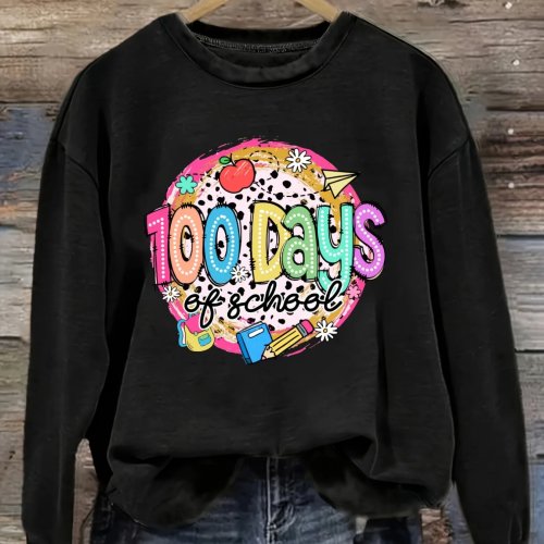 Women's Casual Long Sleeve Crew Neck T-Shirt, 100 Days of School Design, Round Neck, Loose Fit, Machine Washable, Slightly Stretchy, Spring Autumn Winter Top, Halloween Outfit