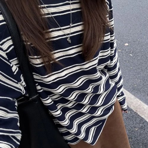 Kimotimo Haut à manches longues femme à rayures contrastantes style coréen chic t-shirt col rond ample automne Y2K vintage décontracté