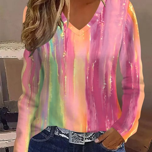 Nuova maglietta donna scollo a V maniche lunghe, stampa acquerello arcobaleno pennellata street, top casual primavera autunno, da indossare tutti i giorni