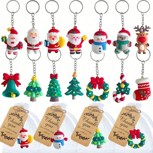 42Pcs 3D Santa Snowman Reindeer Tree Christmas Keychains, Organza Bags & Thank You Cards for Xmas Party Favors