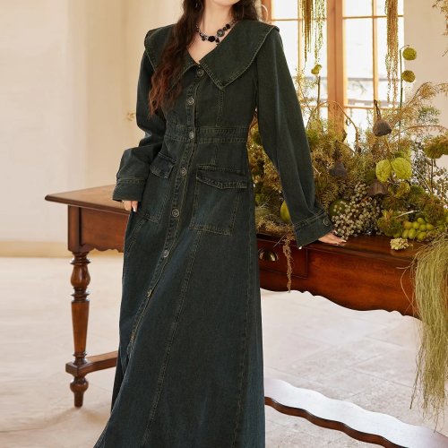 Veste en jean style trench rétro avec manches lanterne bouton unique col printemps été