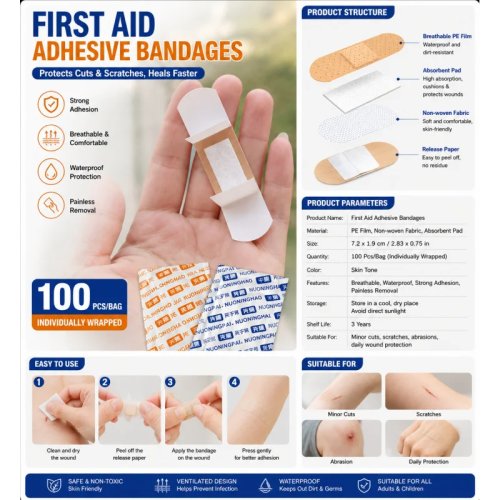100 ชิ้น พลาสเตอร์ปิดแผลกันน้ำ สำหรับปฐมพยาบาล, พลาสเตอร์ระบายอากาศ สำหรับดูแลแผล, ผ้าพันแผลบุฟองน้ำ สำหรับบาดแผลและรอยขีดข่วน
