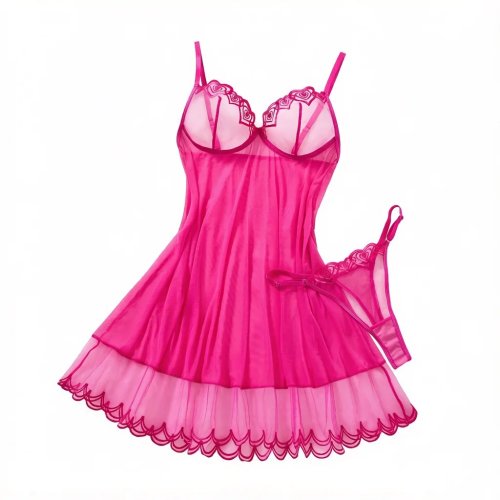 Ночная рубашка Babydoll из прозрачной сетки ярко-розового цвета с цветочной вышивкой кружевом, комплект белья Chemise с трусиками в комплекте ZA825181