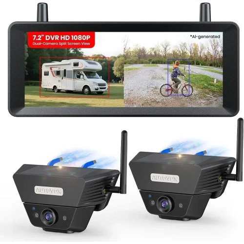 2-delige set solar magnetische draadloze achteruitrijcamera – Achter- en zijzicht, 7,2 inch scherm, eenvoudige montage