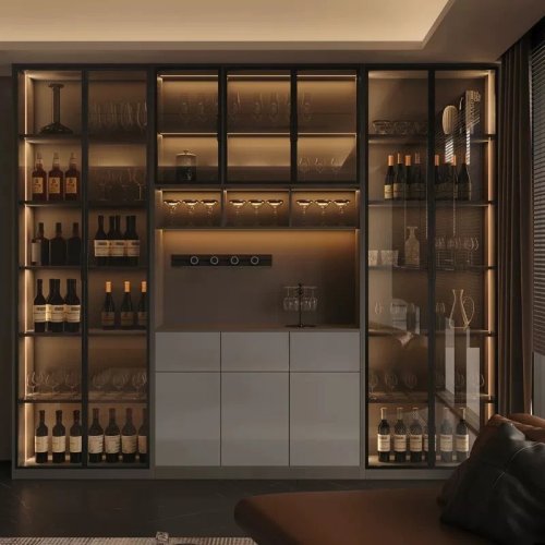 Italienisches Luxus-Wein-Sideboard, moderner Wohnzimmer-Aufbewahrungsschrank mit Schubladen & Glasvitrine