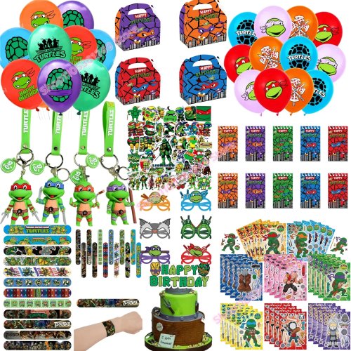 Set de Favoritos para Fiesta de Cumpleaños Tortugas Ninja – Globos, Pulseras, Pegatinas, Bolsas de Regalo y Decoración para Niños