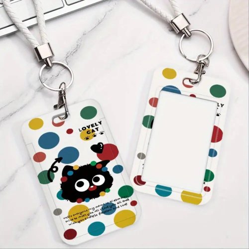 Porta-cartão ID Gato de Bolinhas Coloridas, Porta-badge de Plástico para 2 Cartões, para Médico Enfermeiro Estudante Funcionário Cartão de Acesso Bancário