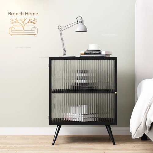 Modern Metal Glass Nightstand with Storage, Bedside Table for Living Room