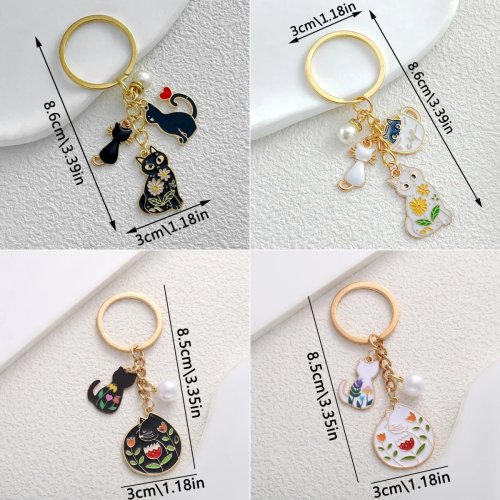 Black Cat Keychain with Simulated Pearls for Women - Cute Car Key Holder Jewelry Accessory