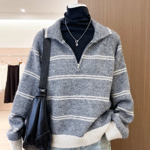 Women's Striped Half-Zip Knit Sweater Oversized Lapel Collar Long Sleeve Pullover Casual Fall Warm Knitwear