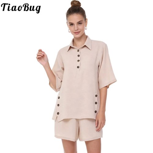 Women's Loose Short-Sleeve Lapel Button Shirt and Elastic Waist Pocket Shorts Two-Piece Set for Daily Wear Vacation