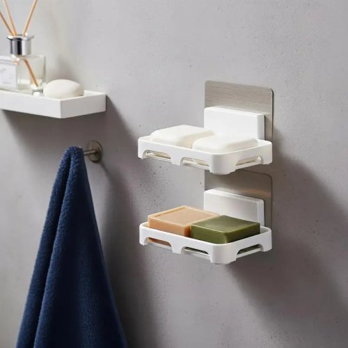 Self-Adhesive Wall Mounted Soap Dish Holder with Drainage, No Drilling for Bathroom & Kitchen Sink