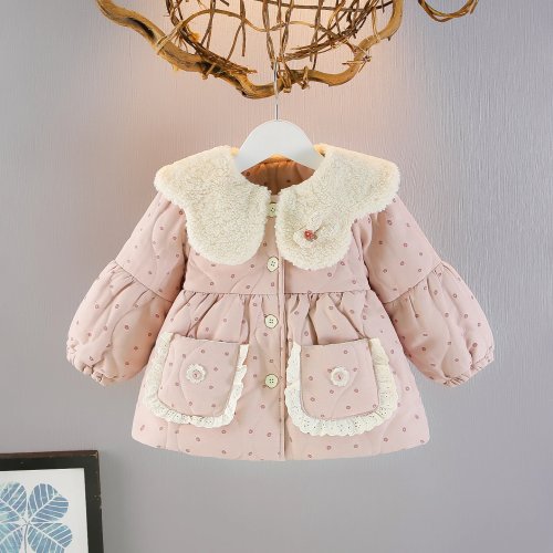 Girls Winter Print Cotton Padded Coat with Faux Fur Collar - Thick Warm Velvet Quilted Jacket