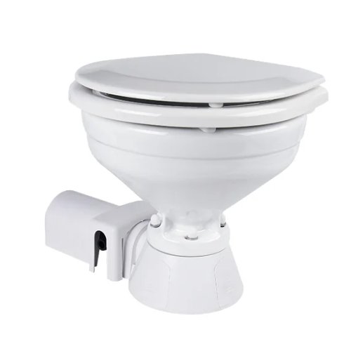 SEA FLO โถสุขภัณฑ์ไฟฟ้าทางทะเล 12V DC ทันสมัย – ระบบชำระสองขั้น, ทำงานอัตโนมัติ, โถสี่เหลี่ยม, P-Trap, ดีไซน์มาตรฐาน