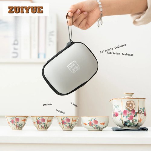 Set de té de viaje de cerámica Ru, pintado a mano con durazno, 1 tetera y 4 tazas, portátil para camping