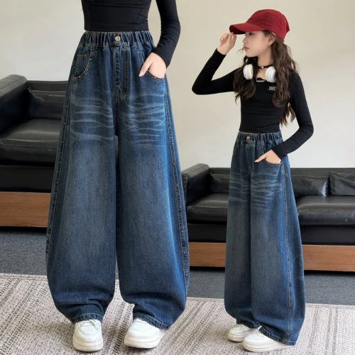Girls' Dark Blue Wide Leg Jeans with Side Rivets, High Waist Denim Pants for Kids 4-15 Years