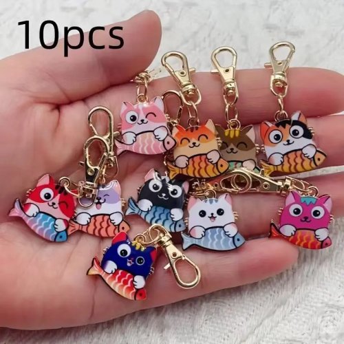 10 Pcs Gantungan Kunci Kucing Logam Cetak, Aksesori Tas & Dompet, Hadiah Terbaik