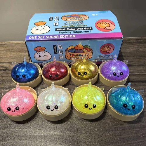 Bola antiestrés squishy de unicornio con forma de pan al vapor y caja de bambú – Juguete sensorial antiestrés caja sorpresa para fiesta y regalo