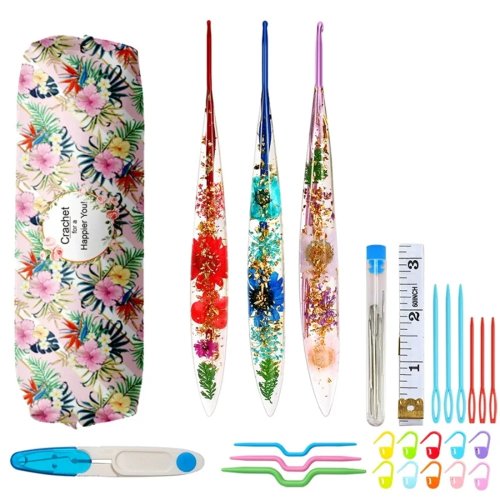 Resin Flower Pattern Crochet Hooks Set with Storage Bag - 2.0/2.5/3.0mm Crochet Needles for DIY Knitting Sewing Weaving