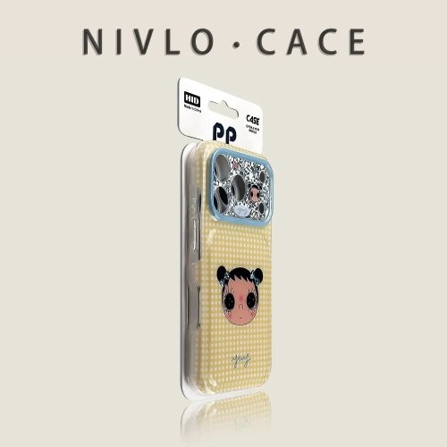 iPhone 17 Pro Max Case Yellow Plaid Bun Girl Pattern Rhinestone Lens Air Cushion Protective Cover for iPhone 16 15