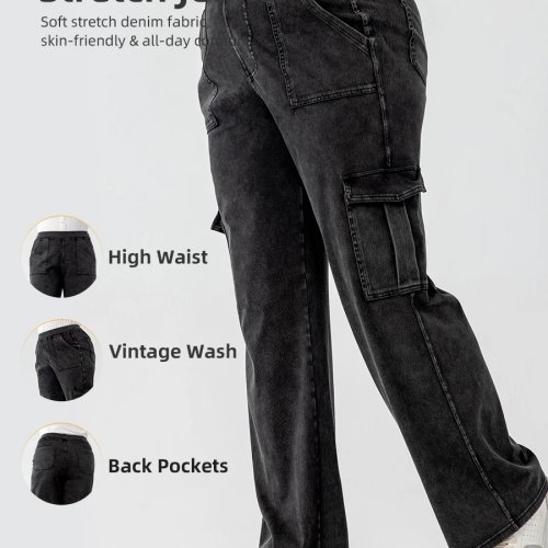 Women's Cargo Pants Multi Pocket Wide Leg Denim Jeans Loose Fit Streetwear