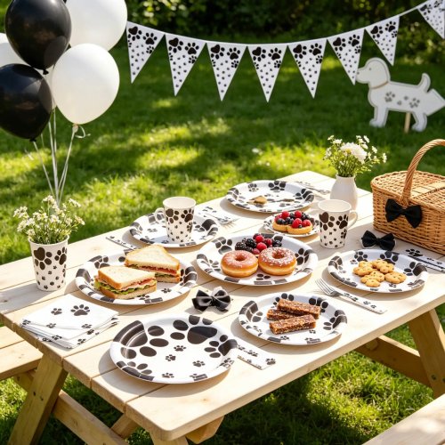 白黒犬の肉球プリント ペット誕生日パーティー用テーブルウェアセット 誕生日・ホリデーパーティー装飾 テーブルセッティング