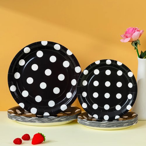 10/25/50 pcs Piring Kertas Sekali Pakai Motif Polkadot Hitam Putih, Bulat untuk Perlengkapan Ulang Tahun