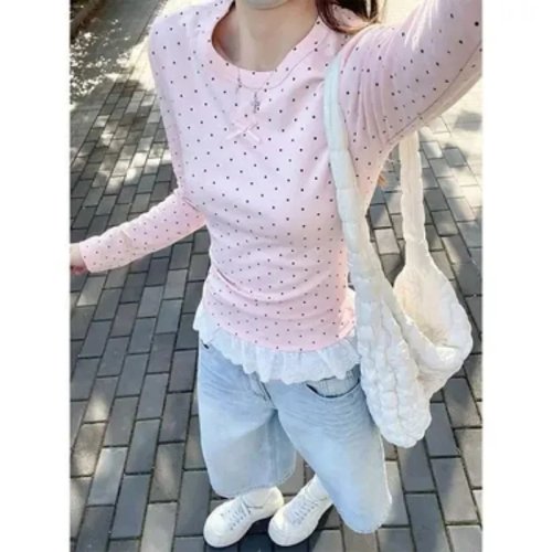 Women's Korean Style Pink Polka Dot Long Sleeve T-Shirt with Lace Hem and Bow, Slim Fit Shoulder Top for Autumn Winter