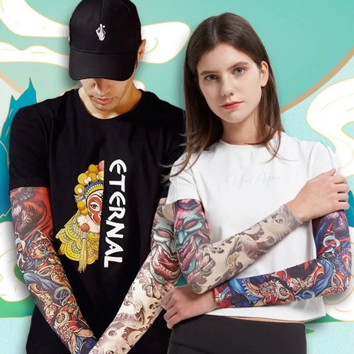 Men's Floral Tattoo Arm Sleeves - UV Protection Breathable Ice Silk Seamless Sunscreen Sleeves for Outdoor Sports