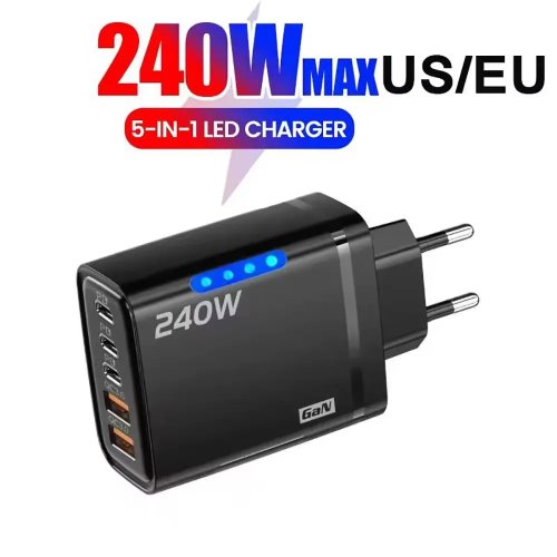5-in-1 240W GaN Fast Charger with LED Light, 2 USB + 3 Type-C Multi-Port Phone Charger for iPhone 15-17 Series, Samsung, Huawei, Xiaomi 15