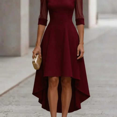 Women's Elegant Mock Neck Mesh 3/4 Sleeve High-Low Flared Midi Party Dress