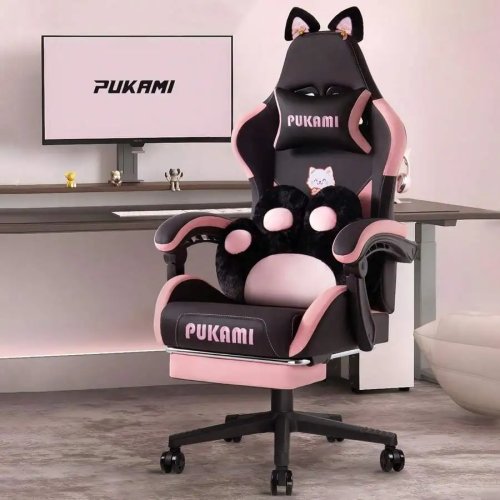 Chaise gaming mignonne avec oreilles de chat et soutien lombaire en patte de chat, chaise PC ergonomique inclinable pour filles, avec repose-pieds, appui-tête et fonctionnalités réglables