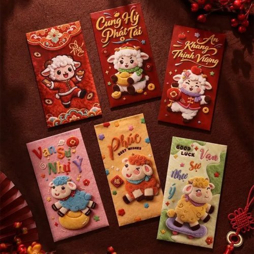6 Pcs Premium Paper 3D Cartoon Sheep Red Envelopes, 6 Festive Styles for Vietnamese Tet Lunar New Year Gifting