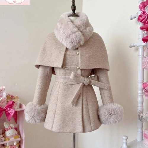 Nieuwe Winter Wollen Jas Vintage Elegant Frans voor Dames met Sjaal Cape, Losse Trench met Bont, Bandage Design, Gothic Lolita, Dik