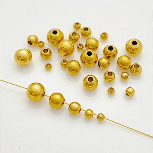 ลูกปัดทอง 24K สูญญากาศ ไม่ซีดจาง กลมเรียบหลวม สำหรับ DIY เครื่องประดับ สร้อยคอและกำไล อุปกรณ์