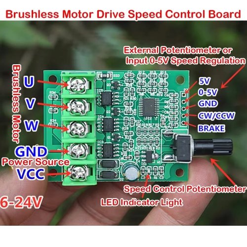 DC 6V-24V ブラシレスモータードライブ制御基板 3相 ホールフリー ポテンショメータ速度調整付き