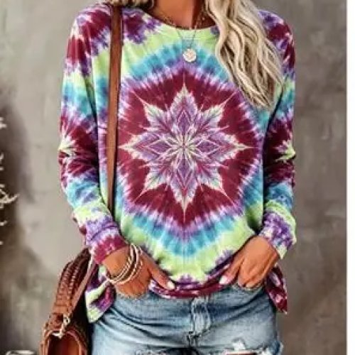 Women's Long Sleeve T-Shirt Rainbow Tie-Dye Sun Graphic Print Crew Neck Loose Casual Top
