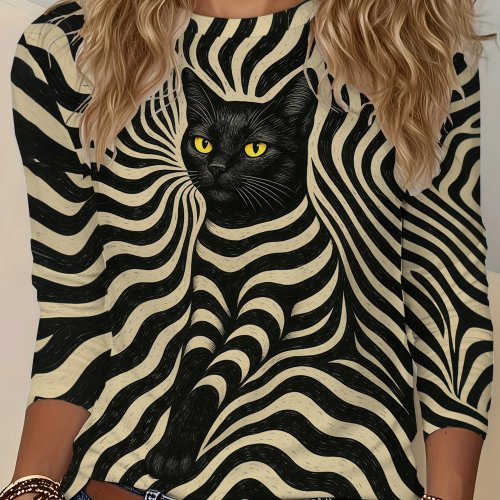 Camiseta Mujer Manga Larga Estampado 3D Gato Negro Remolino Rayas Casual Cuello Redondo Top