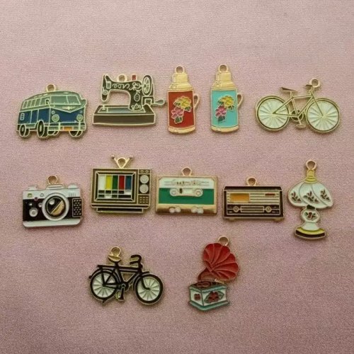 10pcs Retro Oil-Drip Enamel Charms - Bicycle, Sewing Machine, Camera Pendants for DIY Jewelry Making, Alloy Accessories