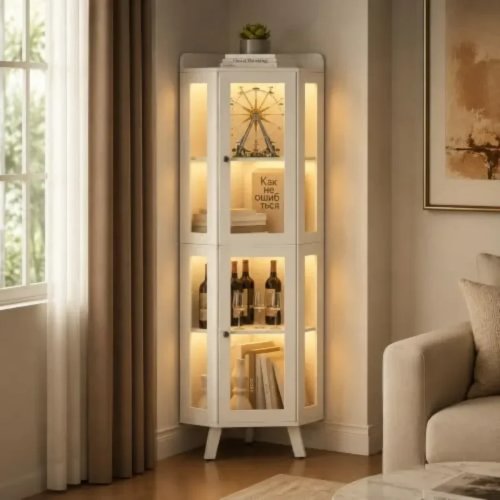 60'' Tall Freestanding Corner Cabinet with Glass Doors for Living Room, White Engineered Wood, Adjustable Shelves, Soft-Close