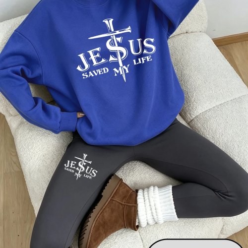 Jezus uratował mi życie - Zestaw Damski Bluza Polarowa z Okrągłym Dekoltem i Ciepłe Legginsy, Korean Streetwear Y2K Jesień