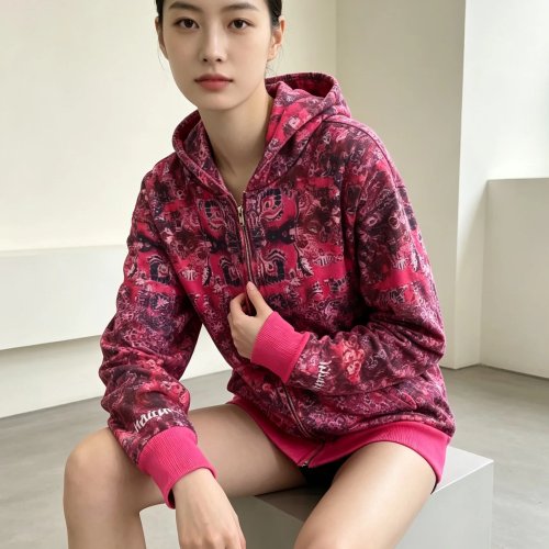 Sweet & Cool Retro Rose Red Cashew Flower Full Print Hoodie - Loose White, Spicy Girl Style, Versatile Zip-Up Hoodie Coat